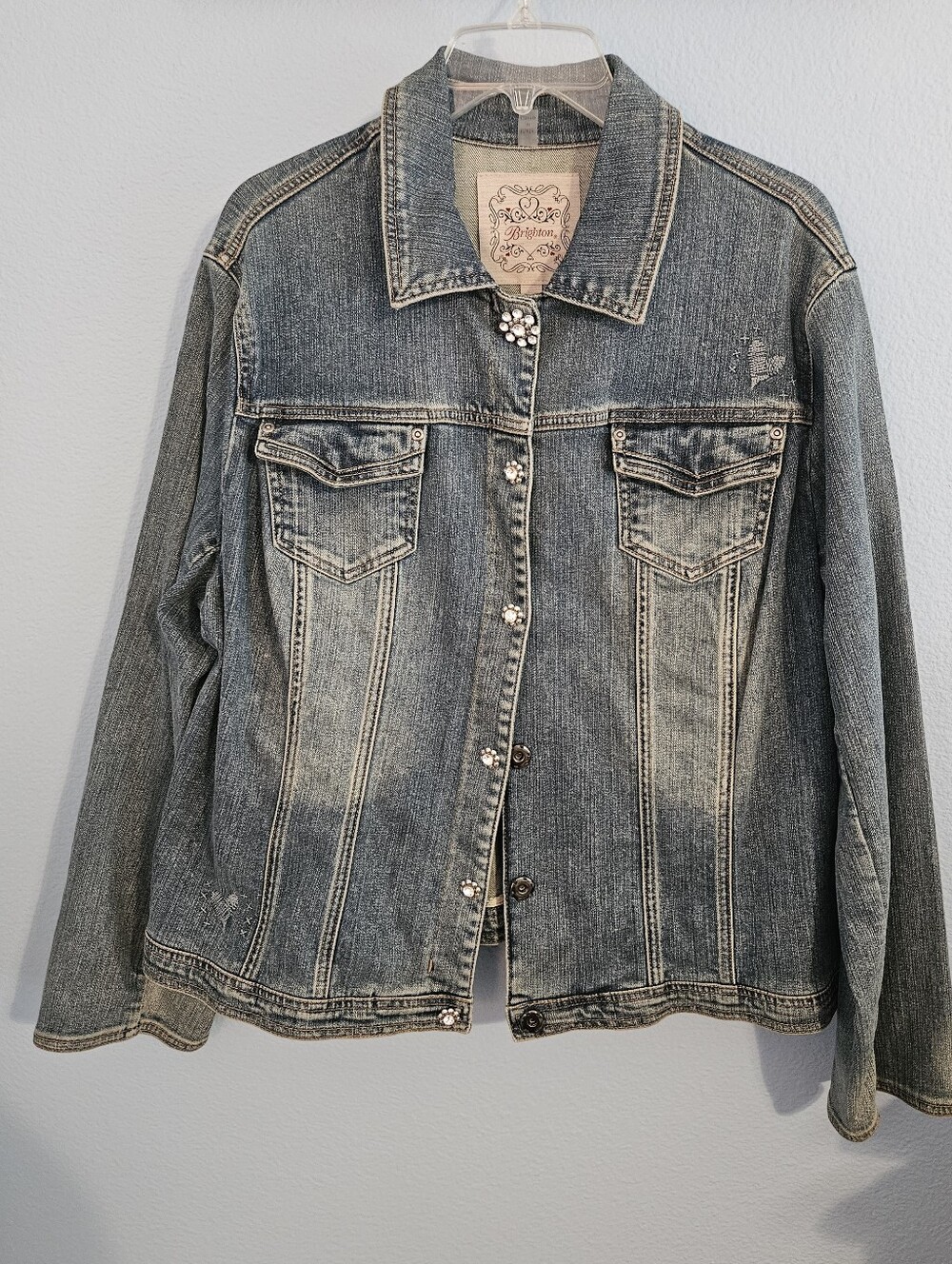 Brighton Distressed Blue Denim Jacket with Rhinestone Buttons